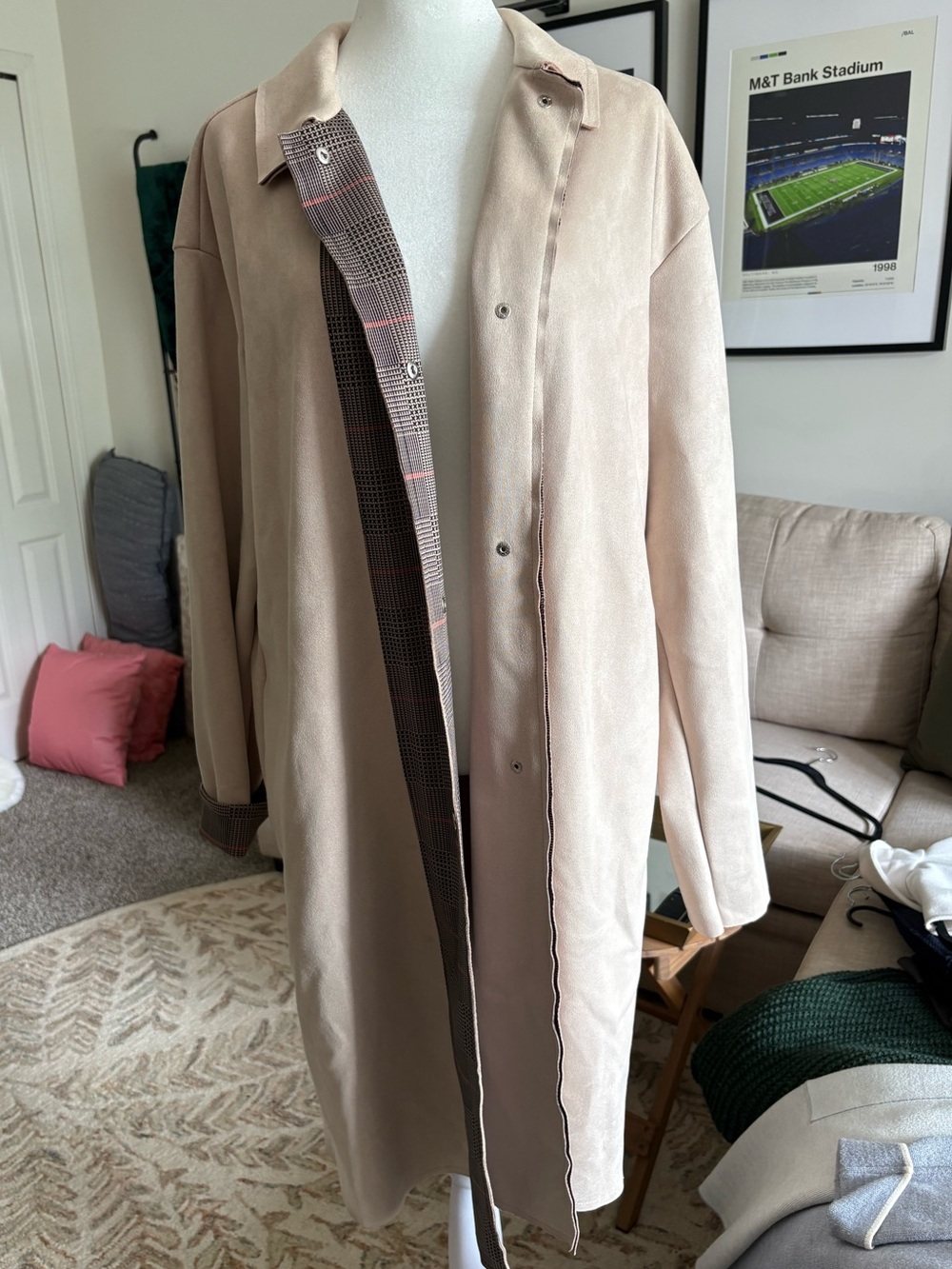 Zara Beige Long Trench Coat with Checked Inner Placket